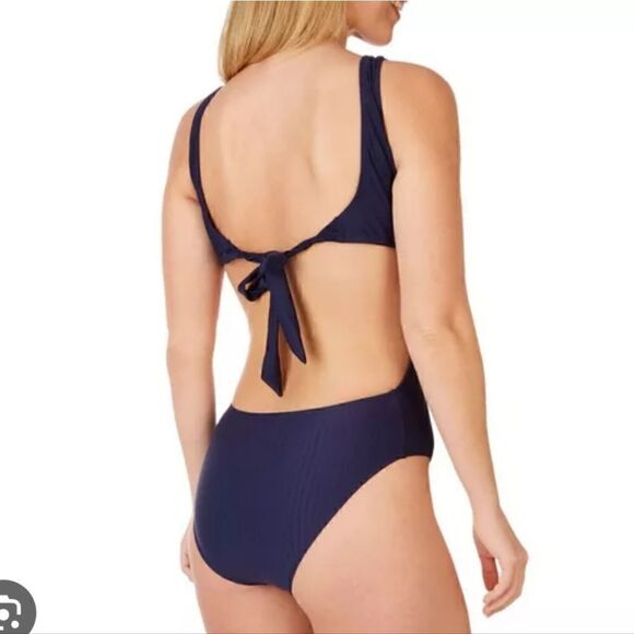 Nine West Solid Navy Blue Ribbed Tie Back One Piece Swimsuit- Size Medium - Picture 2 of 15